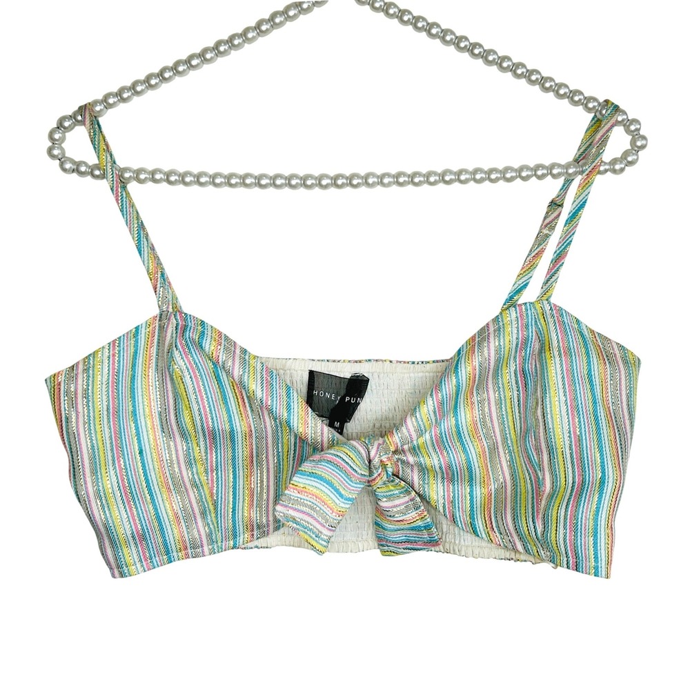 Honey Punch Y2k Metallic Tie Front Crop Top Medium Festival Stripe Beach Vacatio